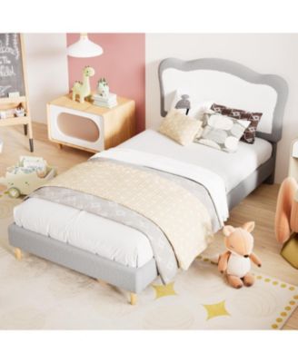 Full Upholstered Bed Frame Two-Tone Scalloped Headboard Velvet Princess Platform Solid Wood Slats No Box Spring Noise-Free