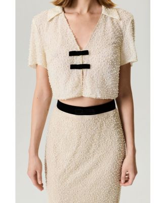 Women's Pearl Embellished Bow Crop Blouse