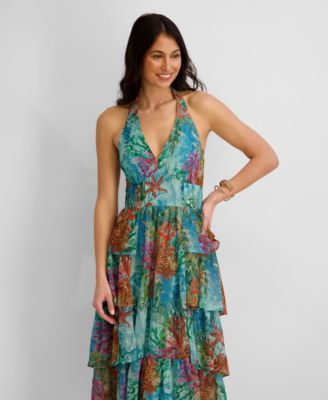 Women's Printed Eyelet Woven Midi Dress