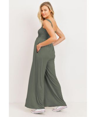 Maternity Sleeveless Smocked Bodice Wide-Leg Jumpsuit with Pockets