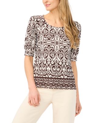 Women's Crew Neck Short-Sleeve Shirred Blouse
