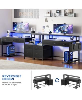 61" Modern Computer Lap Desk Table w/Storage Drawer, Monitor Stand, Charging Station, Side Pocket