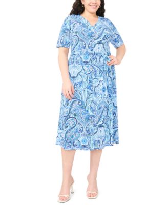Plus Size Printed V-Neck Short-Sleeve Midi Dress