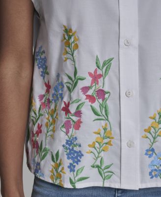 Women's Short-Sleeve Embroidered Flower Top