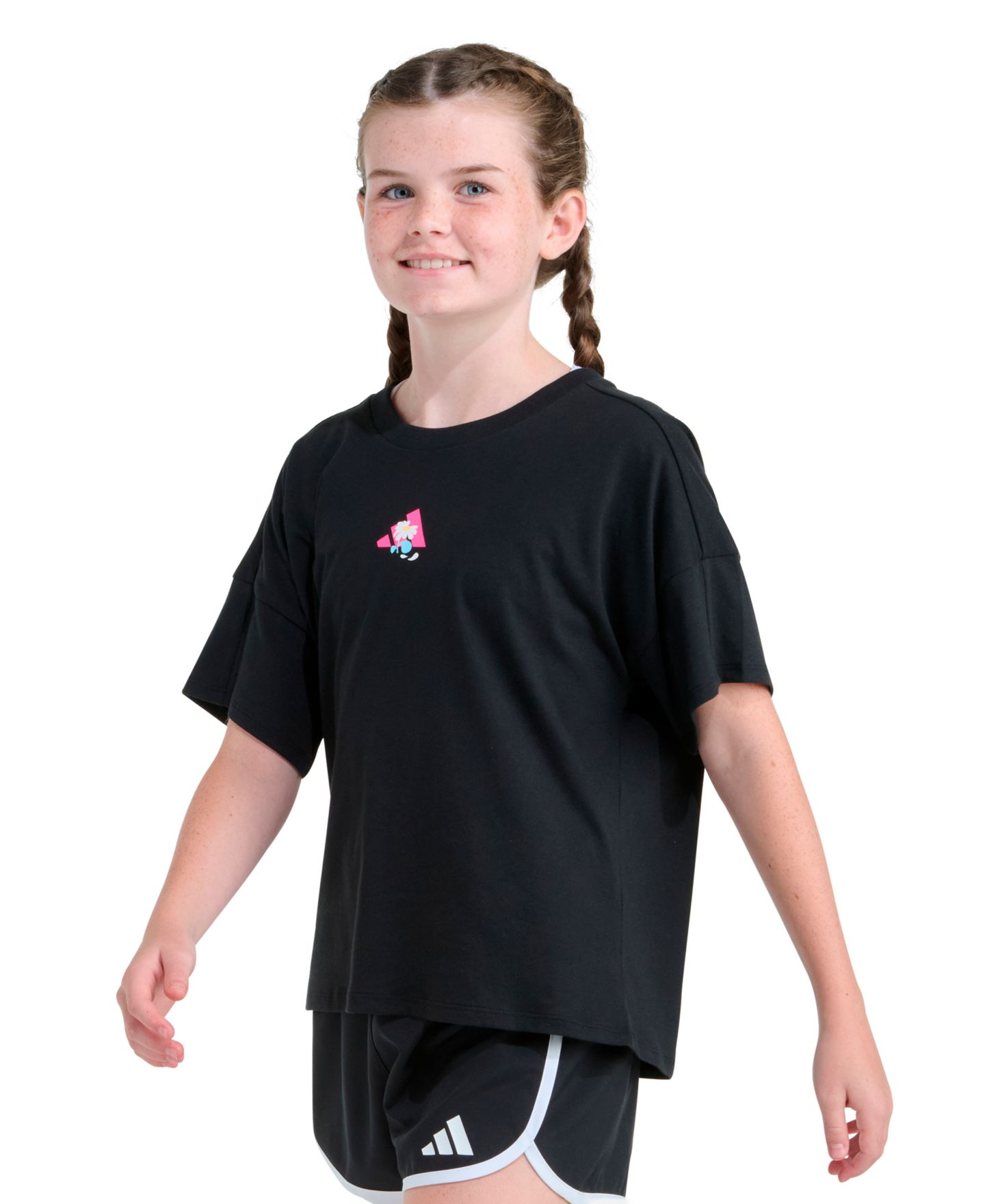 Футболка adidas Short-Sleeve Drop Shoulder T-Shirt для девочек, цвет: Чёрный — фото 2