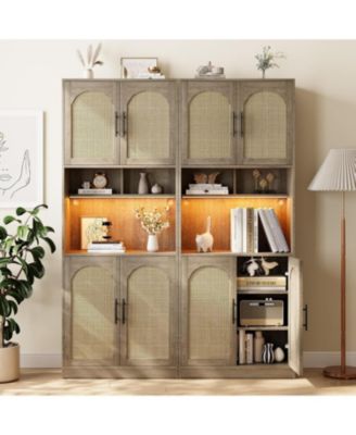  Tall Pantry Cabinet with Countertop, Kitchen Cabinets with LED Light Strip & Microwave Shelf