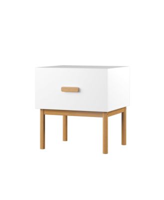 Modern Minimalist Nightstand, White Bedside Table with Drawer, Handle and Wood Legs for Bedroom, Living Room, or Apartment
