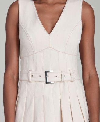 Women's V-Neck Belted Pleated Mini Dress