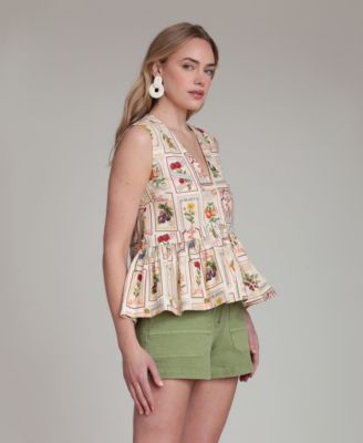 Women's Botanical-Print V-Neck Peplum Top