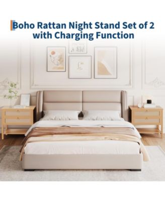 Rattan Nightstand Set of 2, Boho Nightstand with 2 Drawers and Storage Shelf