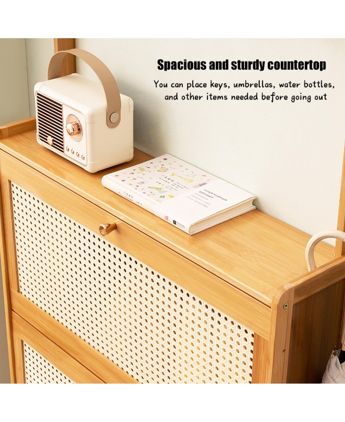 Rainsken Bamboo Shoe Storage Cabinet, Freestanding Shoe Rack with 3 Rattan Flip Drawers and Coat Hooks for Entryway, Hallway, Closet, Living Room