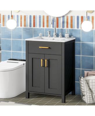24" Bathroom Vanity with Ceramic Sink, Soft Close Doors, Flip-Top Drawer & Adjustable Shelf for Small Spaces