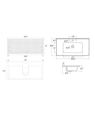 36" Walnut Floating Bathroom Vanity with Integrated Ceramic Sink & Push Open Drawer, Wall Mounted for Modern Bathroom