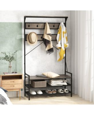 4-in-1 Hall Tree Coat Rack with 11 Hooks and Shoe Bench