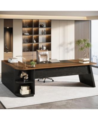 79-Inch Executive Desk, Large Office Desk with Cabinet, L-Shaped Compter Desk with Storage Shelves, Writing Table