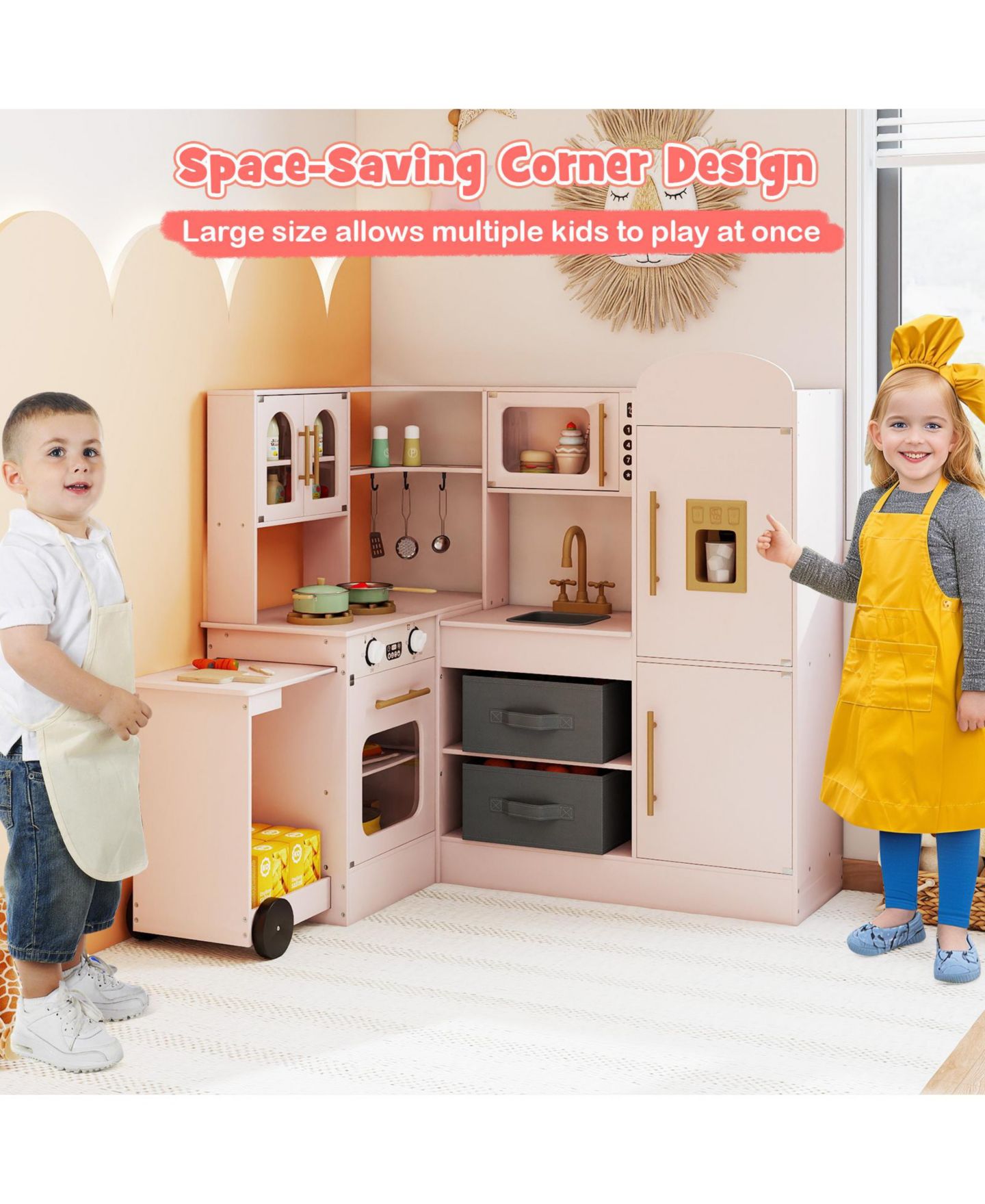 Детская игрушка Mecale Corner Wooden Kitchen with Lights & Sounds, Ages 3+, цвет: Розовый — фото 11