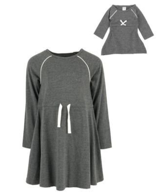Girls Matching Girl & Doll Drawstring Cinch-Waist Long Sleeve Dress