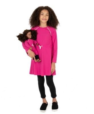 Girls Matching Girl & Doll Drawstring Cinch-Waist Long Sleeve Dress
