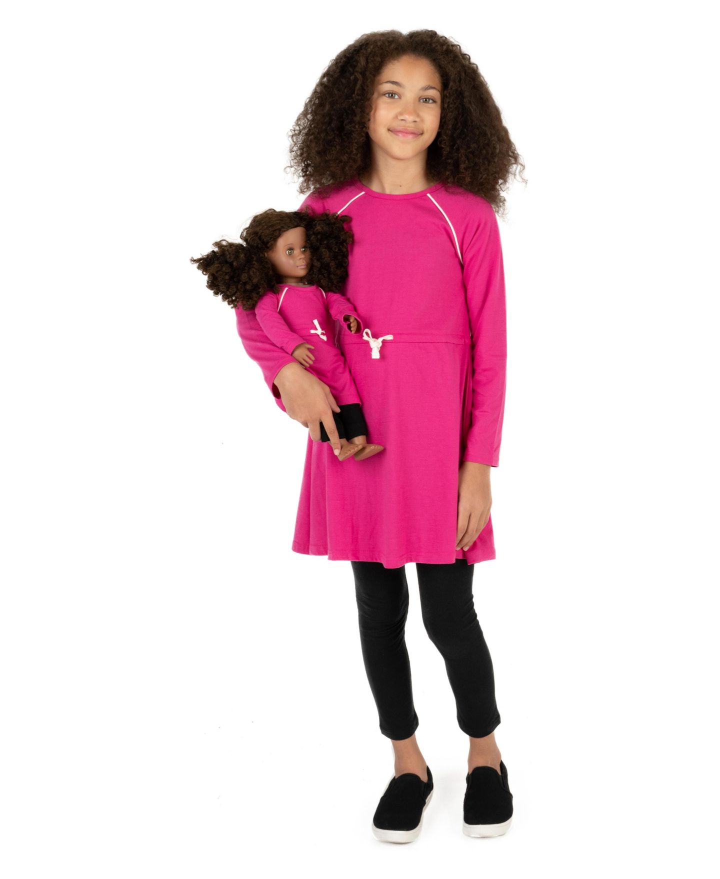 Платье Leveret Matching Girl & Doll Drawstring Cinch-Waist Long Sleeve Dress для девочек, цвет: Розовый — фото 3