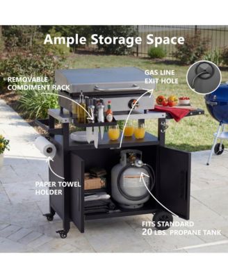 Outdoor Grill Cart with Drop Leaf, Metal Bar Cart with Wheels, Stainless Steel Top, Storage Cabinet, Spice and Paper Rack for BBQ