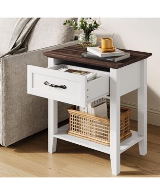 Wood Bedside Table With 1 Drawer and Open Storage Shelf, Industrial Side Table
