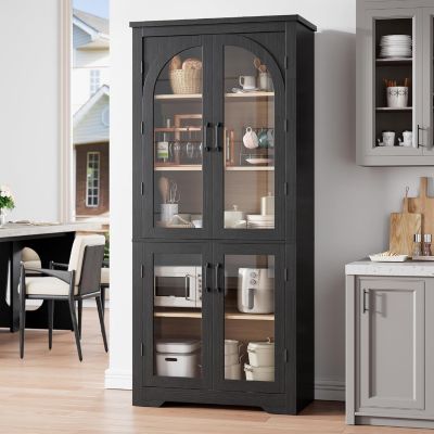 Kitchen Pantry Cabinet Modern Display Cabinet with 4 Arched Glass Doors and Adjustable Shelves