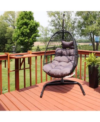 Outdoor Resin Wicker Patio Julia Hanging Basket Egg Chair Swing with Cushions, Headrest, and Steel Stand Set - 3pc