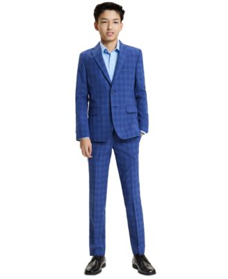 Boys' 8-20 Medium Blue Check Jacket and pant, 2-Piece Set