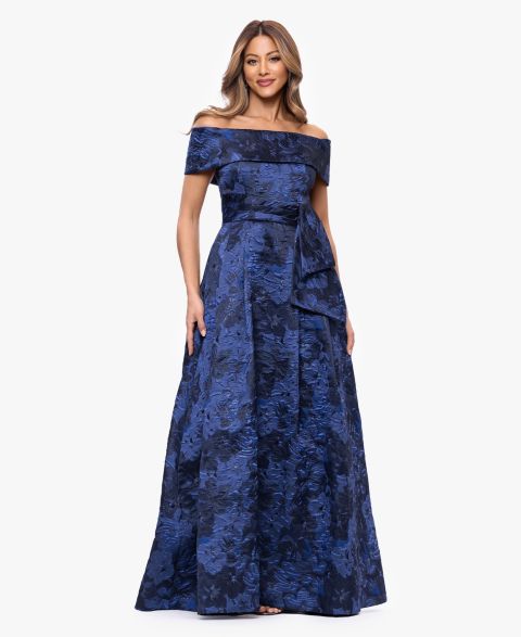 Женские платья XSCAPE Brocade Off-The-Shoulder Ball Gown, цвет: Тёмно-синий разноцветный