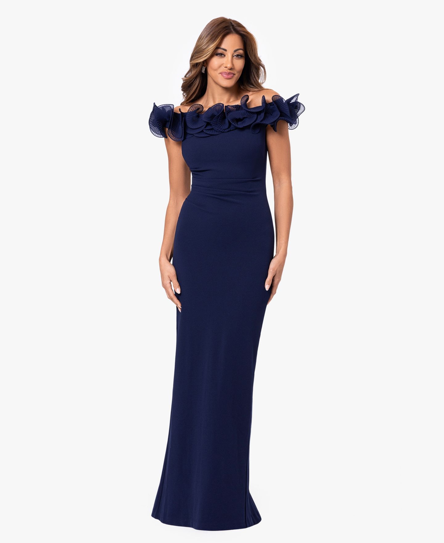 Женские платья XSCAPE Off-The-Shoulder Wire Scuba Gown, цвет: Тёмно-синий — фото 1