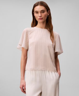 Women's Printed Flutter-Sleeve Crewneck Top