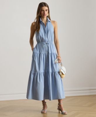 Petite Striped Tiered Collared Shirt Dress