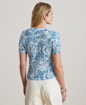 Petite Paisley-Print Cable-Knit V-Neck Cardigan