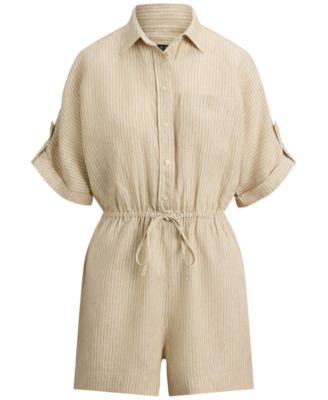 Petite Striped Linen Roll-Tab-Sleeve Romper