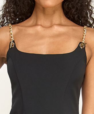 Juniors' Scoop Neck Chain-Link Straps Flared Dress