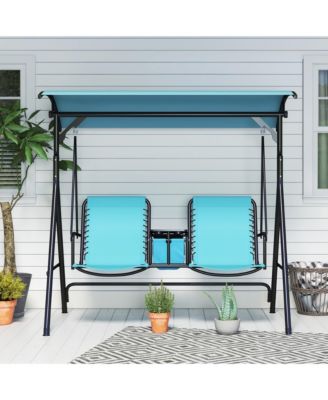 2 Person Porch Swing with Canopy, Storage Table, Cup Holder, Blue