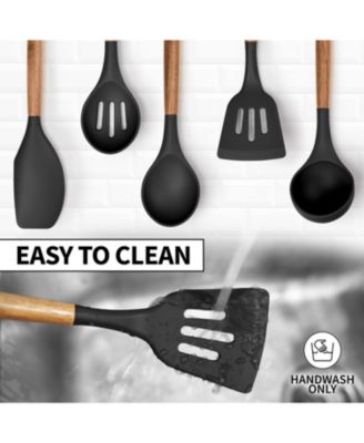 5 Piece Silicone Utensils Set with Authentic Acacia Wood Handles