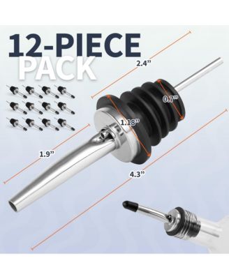 Stainless Steel Liquor Bottle Pourers with Rubber Dust Caps - 12 Pack