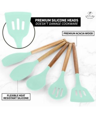 5 Piece Silicone Utensils Set with Authentic Acacia Wood Handles