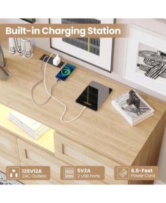 Rattan Wooden Dresser for Bedroom with 6 Drawers,47 Inch Wide Modern Dresser with Charging Station & LED Lights,Open Shelves Living Room