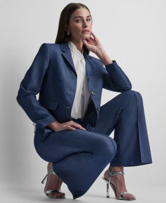 Petite Dressy Denim Notch Collar Cropped Jacket and Straight Fit Denim Trousers