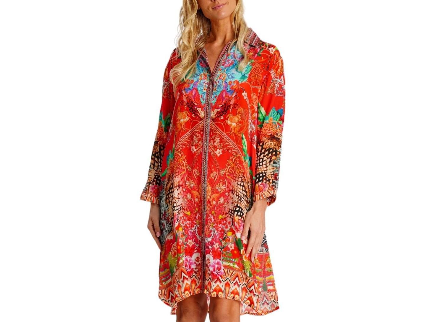 Women's Midi Summer Dress with Collared Neck, Short Sleeves, and Side Slits