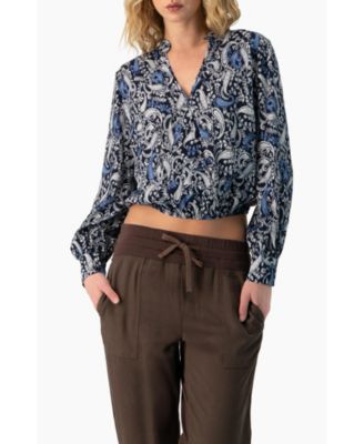 Women's Long Sleeve Paisley V-Neck Blouse