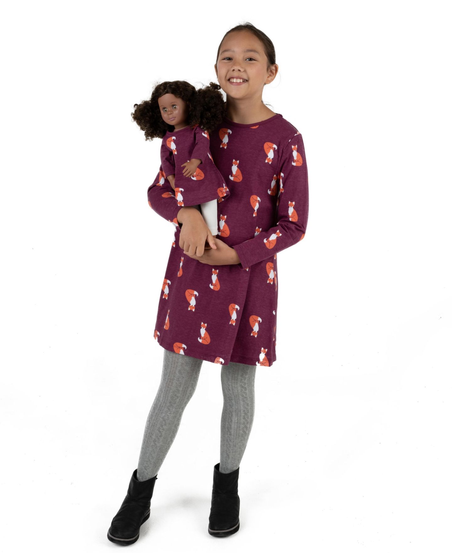 Платье Leveret Matching Doll Long Sleeve Cotton Crew Neck A-Line Dress для девочек-малышей, цвет: Тёмно-бордовый — фото 3