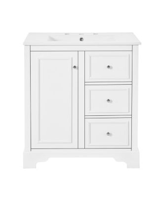30" Solid Wood Bathroom Vanity Set with Mirror Cabinet, Ceramic Sink & Soft Close Drawers for Modern Bath-Sillysis