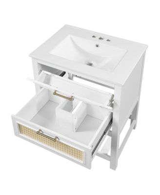 24 Inch Freestanding Bathroom Vanity with Ceramic Sink, Flip-Out Drawer & Modern Storage for Small Spaces