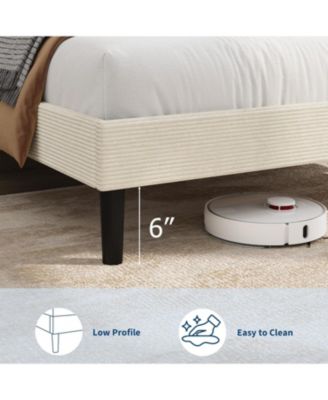 Bed Frame with USB Charging Station, Corduroy Upholstered Platform Bed Frame with Adjustable Storage Headboard, Wooden Slats Support