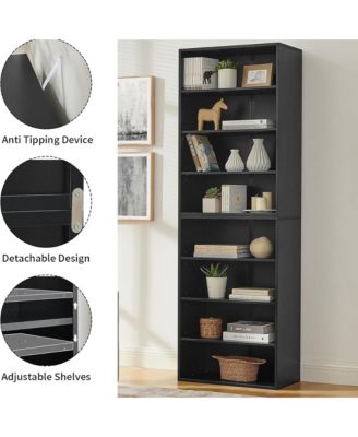 Wood Bookshelf, 8-Layer Storage Display Rack with Adjustable Shelf for Home Office, Converts into Two 4-Shelf Bookshelves