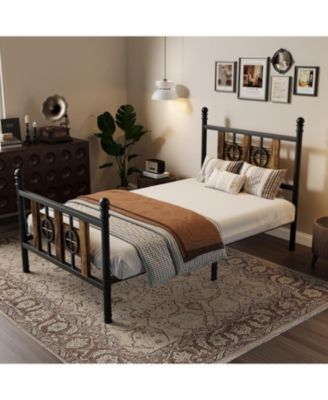 Bed Frame with Headboard and Footboard, Metal Bed Frame w/Vintage Circular Design & Storage Space Under Bed