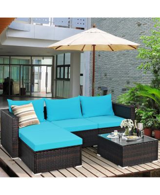 5PCS Cushioned Rattan Patio Conversation Set w/ Coffee Table Ottoman